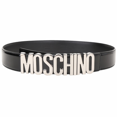 MOSCHINO 拋光銀字母小牛皮腰帶(黑色)