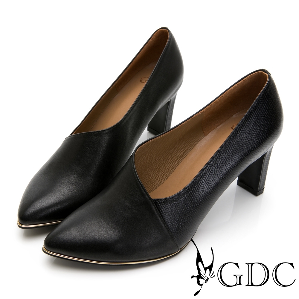 GDC-時尚都會拼接皮紋真皮斜裁切尖頭跟鞋-黑色