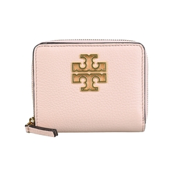 TORY BURCH Britten經典雙T金屬LOGO高級小牛皮4卡拉鍊短夾(貝殼粉紅)