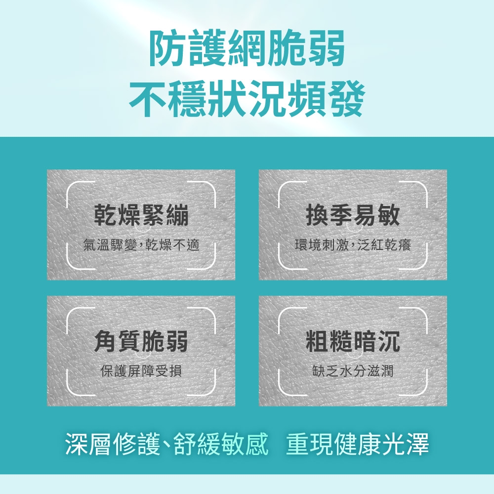 防護網脆弱不穩狀況頻發乾燥緊繃換季易敏氣溫驟變乾燥不適環境刺激,泛紅乾癢角質脆弱粗糙暗沉保護屏障受損缺乏水分滋潤深層修護、舒緩敏感 重現健康光澤