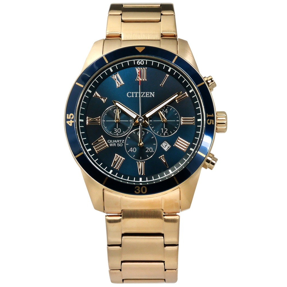 CITIZEN 羅馬刻度 三眼計時 日期 夜光指針 不鏽鋼手錶-藍x鍍香檳金/44mm