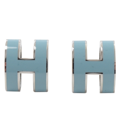 HERMES H POP款LOGO圓弧型耳環(水藍/銀)