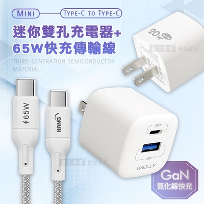 【超值組合】WELLY 氮化鎵GaN 雙輸出迷你充電器+65W Type-C to Type-C 傳輸充電線(100cm)