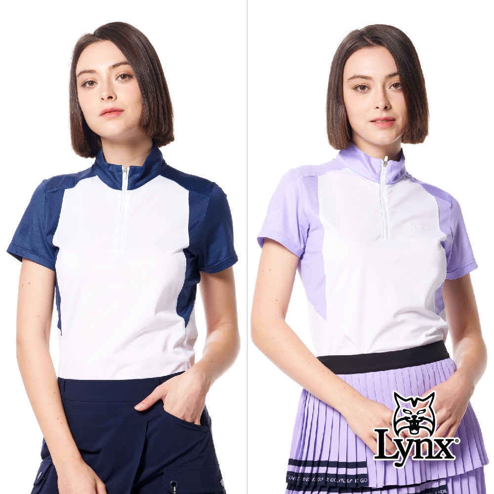 【Lynx Golf】首爾高桿風格！女款合身版銀離子抗菌吸排洞洞布剪接造型山貓膠標短袖立領POLO衫/高爾夫球衫(二色)