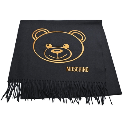 MOSCHINO 義大利製大品牌TOY小熊LOGO 100%羊毛圍巾(黑色系)