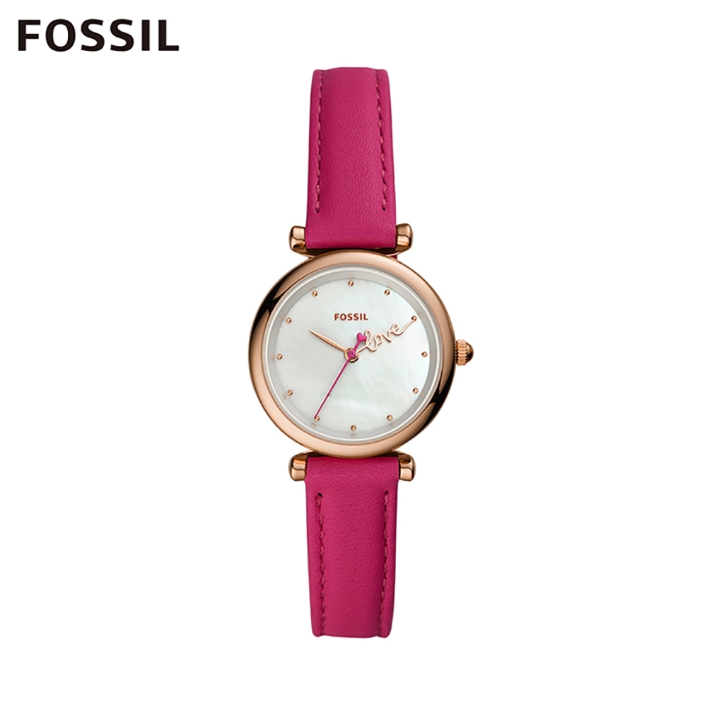 FOSSIL CARLIE MINI 靚亮女孩愛戀真皮女錶-桃紅色 28MM ES4827