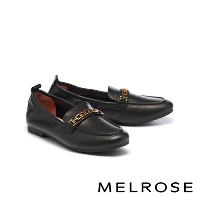低跟鞋 MELROSE 美樂斯 懷舊時尚鍊條水染牛皮樂福方頭低跟鞋－黑