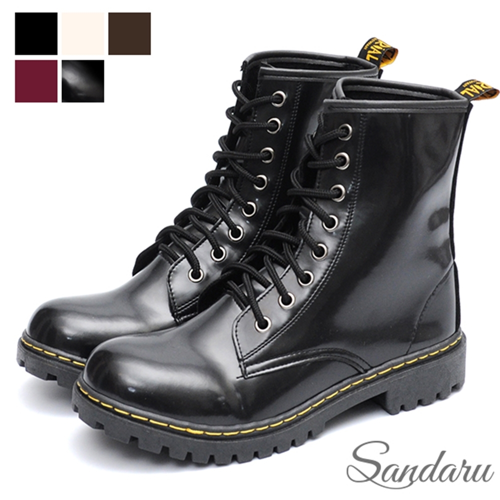 山打努SANDARU-MIT馬丁靴 高質感個性綁帶短靴-黑鏡面