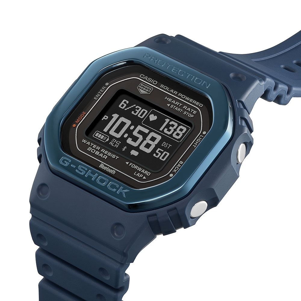 CASIO 卡西歐G-SHOCK 心率偵測藍牙太陽能電力金屬錶圈湛藍經典方型運動