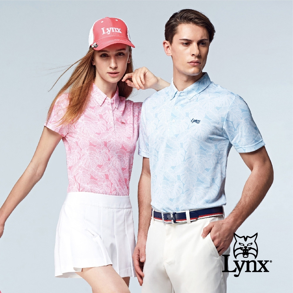 【Lynx Golf】女款吸濕排汗領尖扣設計葉子印花短袖POLO衫-粉色