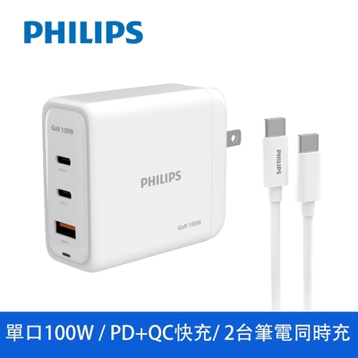 【PHILIPS】 GaN氮化鎵PD 100W旅充組 DLP6343C