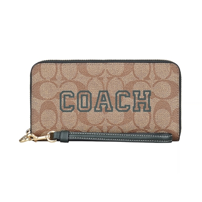 COACH Varsity字母LOGO緹花PVC12卡拉鍊長夾(卡其x亞馬遜綠)