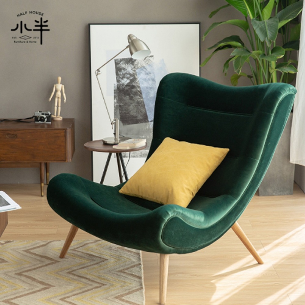 【小半家具】蝸牛沙發 北歐白橡木實木沙發躺椅 小款墨綠色天鵝絨 (H014349236)