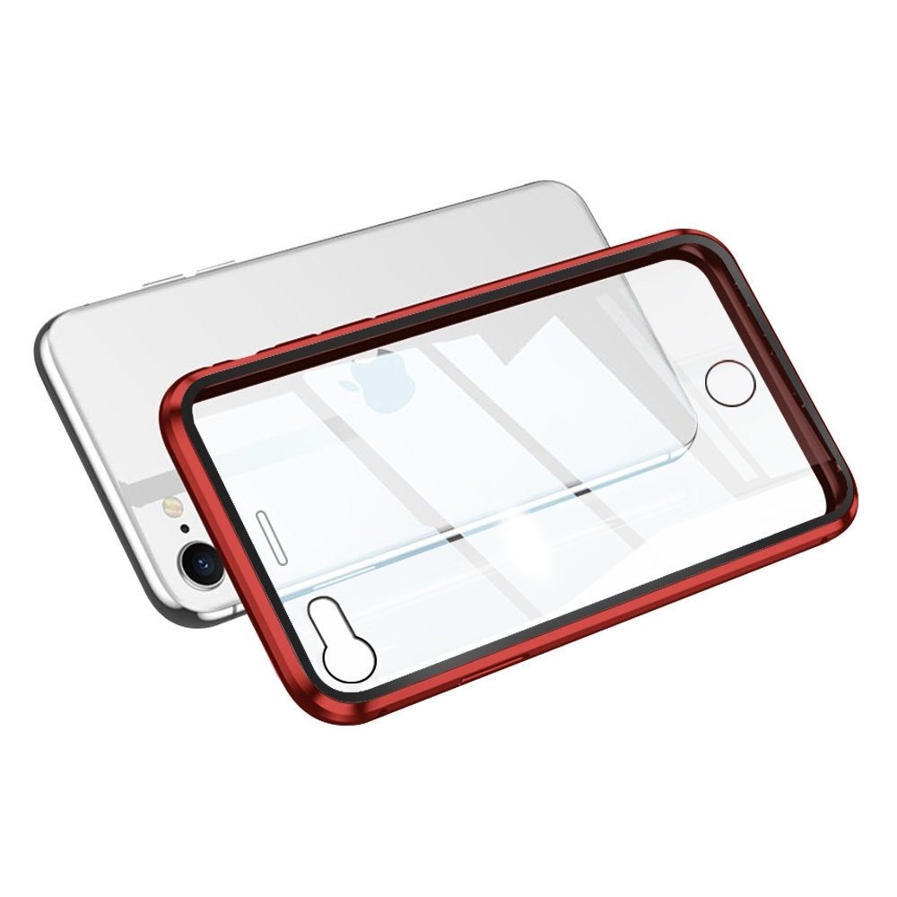 iPhone SE 2020 保護殼 金屬 透明 全包 磁吸雙面玻璃殼 手機殼 紅色 (iPhoneSE2020手機殼 iPhoneSE2020保護殼 )
