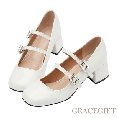 【Grace Gift】甜美水鑽雙帶中跟瑪莉珍鞋 米漆