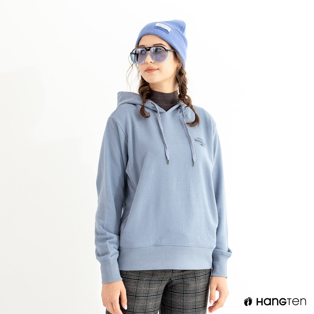 Hang Ten女裝-毛圈布帽內格紋布連帽T恤(藍)