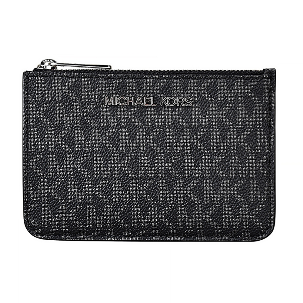 MK MICHAEL KORS JET SET 銀字LOGO滿版字母印花PVC 3卡拉鍊鑰匙零錢包(黑)