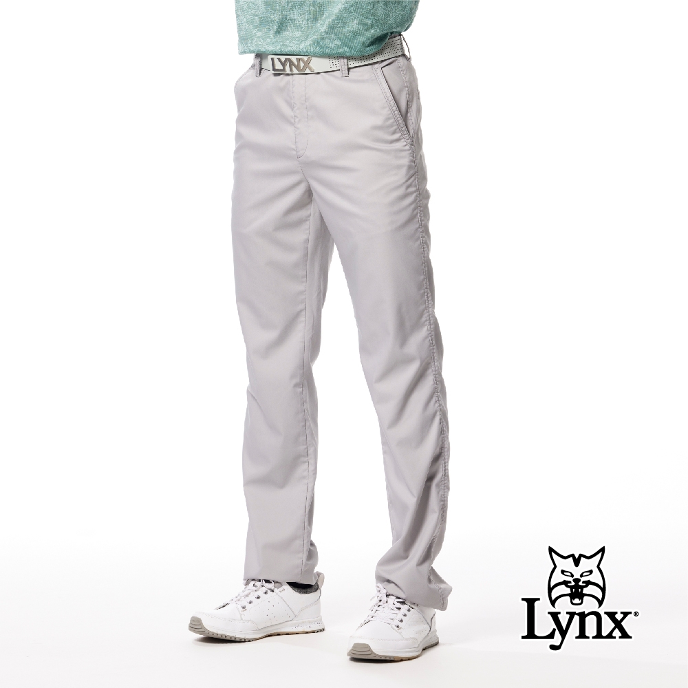 【Lynx Golf】男款彈性舒適竹纖維材質百搭素面款式Lynx繡花平面休閒長褲-灰色