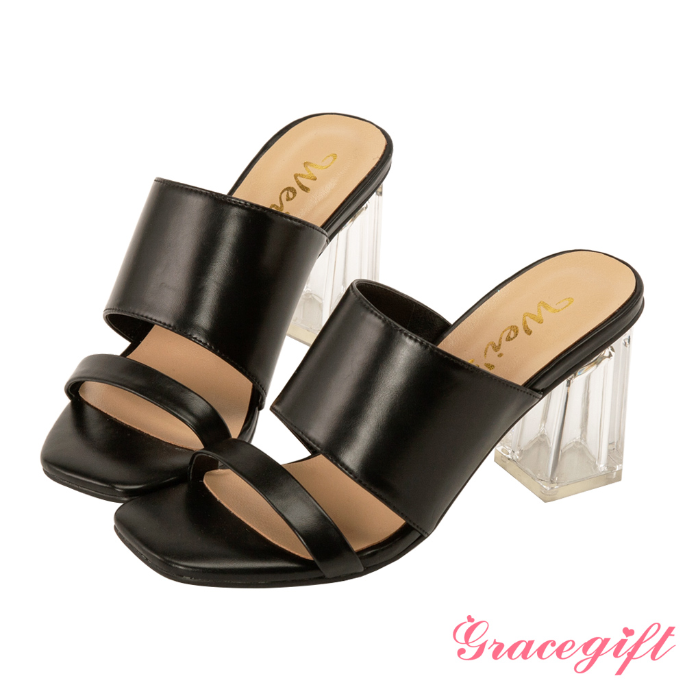 Grace gift X Wei-聯名素面寬帶透明高跟涼鞋 黑 product image 1