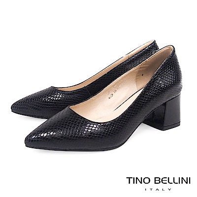 Tino Bellini 真皮立體神祕蛇紋尖頭中跟鞋 _ 黑