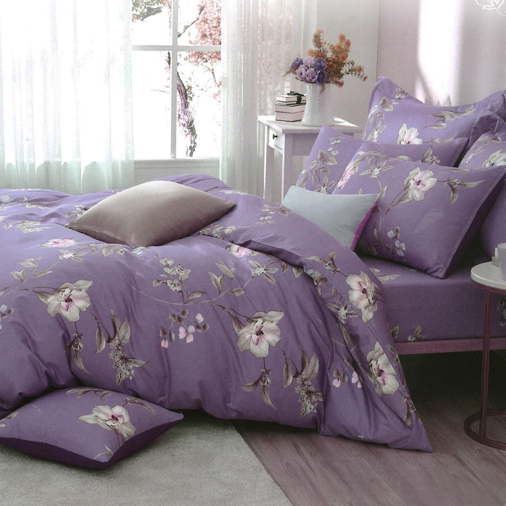 Carolan 飄逸花樣-紫  加大五件式純棉床罩組(台灣製)