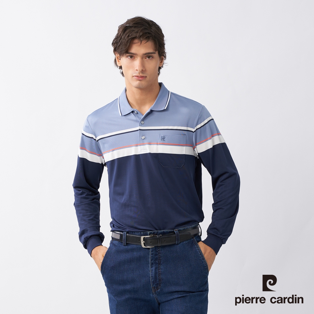 Pierre Cardin皮爾卡登 男款 吸濕排汗定位條紋薄長袖POLO衫-深藍色 (7235262-38)