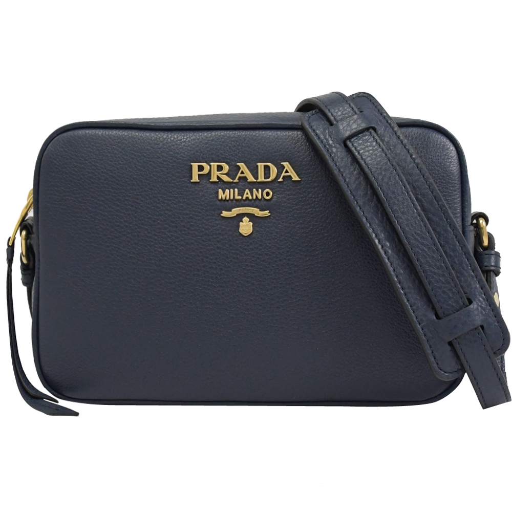 PRADA 金屬LOGO荔枝牛皮斜背拉鍊相機包(深藍)