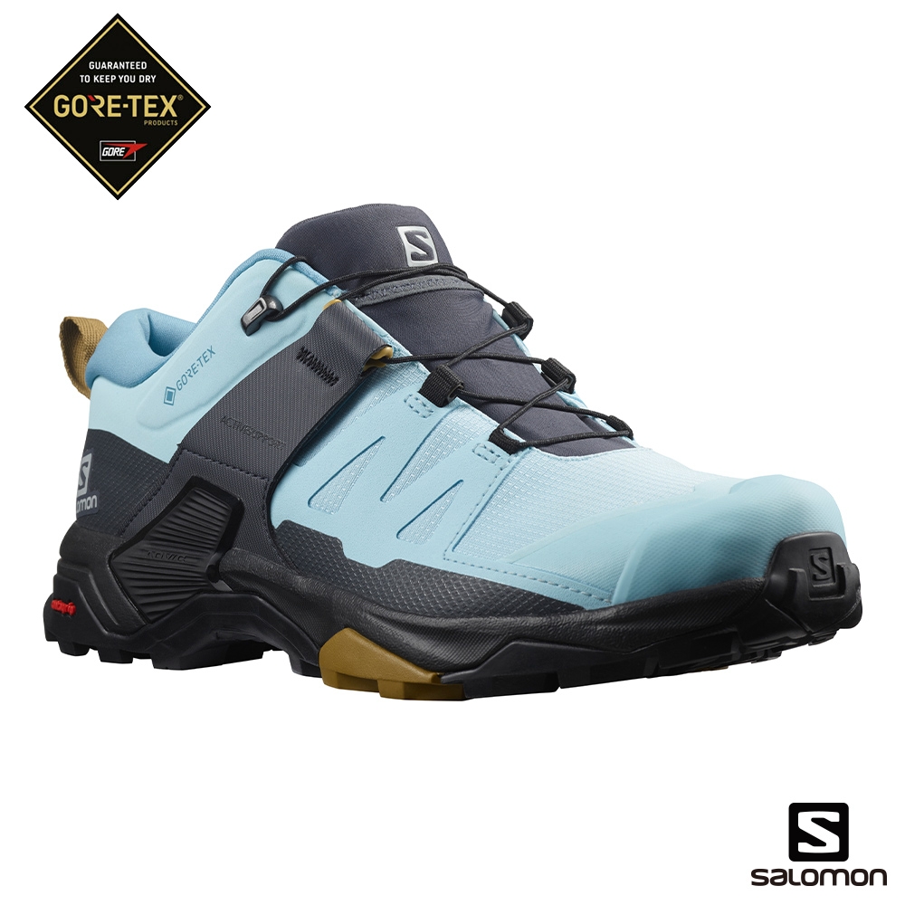 官方直營 Salomon 女 X ULTRA 4 Goretex 低筒登山鞋 水晶藍/黑/孜然