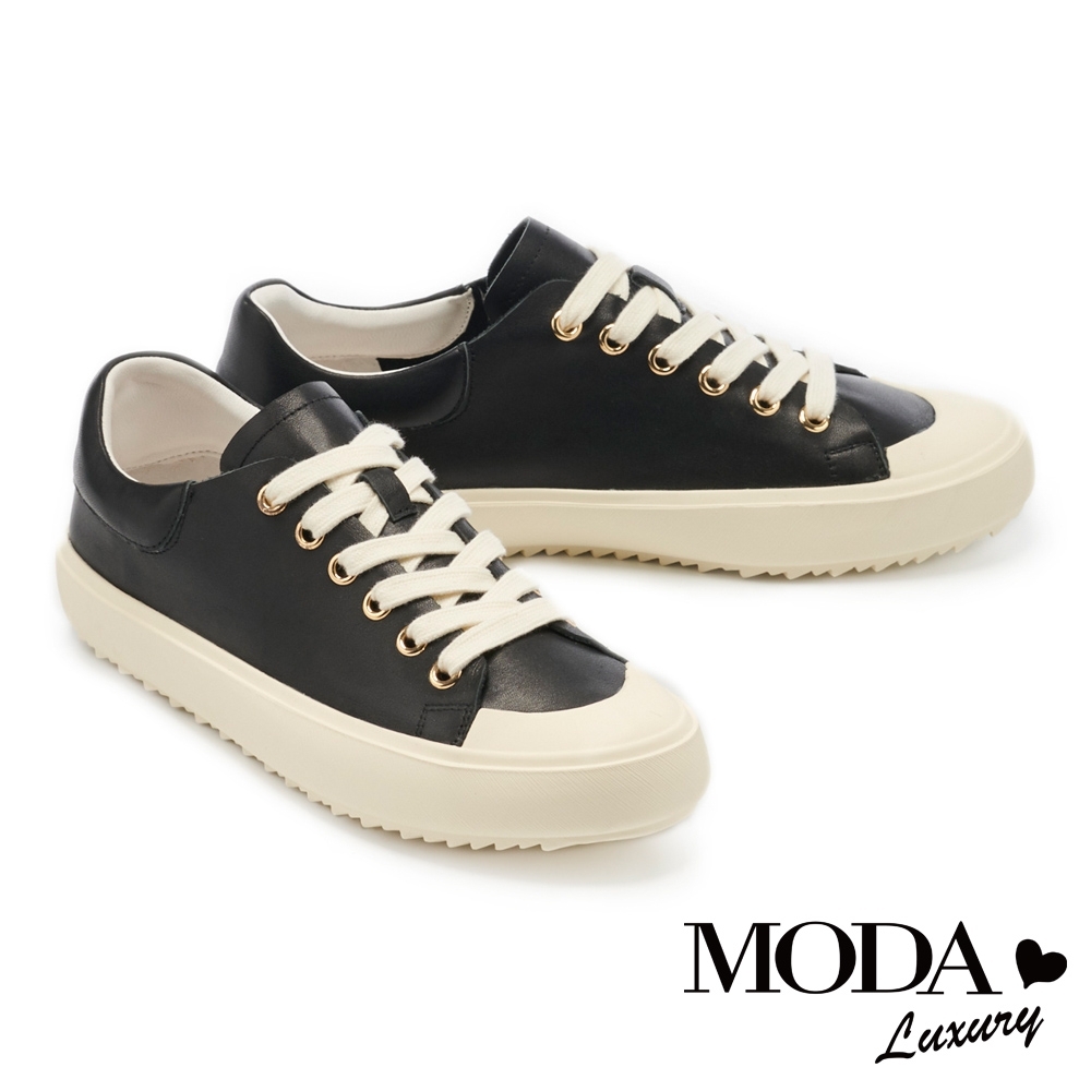 休閒鞋 MODA Luxury 俏皮百搭素色全真皮綁帶厚底休閒鞋－黑