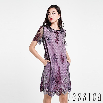 JESSICA - 黑紫網紗刺繡蕾絲短袖洋裝