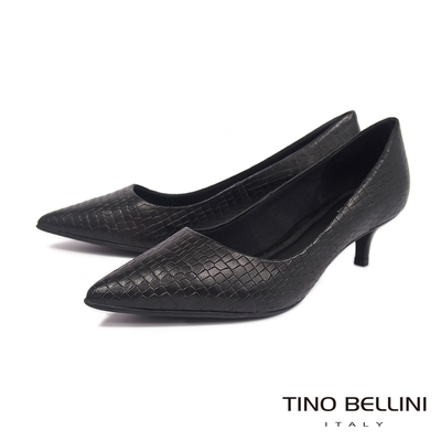 Tino Bellini 巴西進口內斂奢華蛇紋牛皮尖頭跟鞋-黑