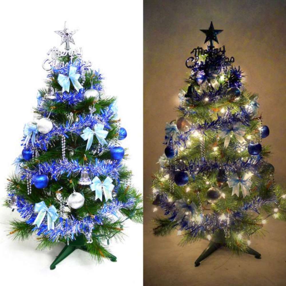 摩達客 3尺(90cm)特級綠松針葉聖誕樹(藍銀色系配件)+100燈鎢絲樹燈一串