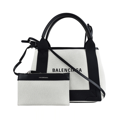 BALENCIAGA 巴黎世家 NAVY字母LOGO帆布搭牛皮肩背斜背子母包(迷你/白x黑)