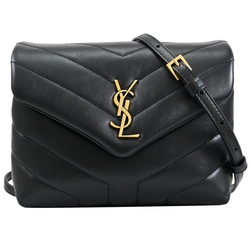 YSL Saint Laurent Loulou Toy 金屬LOGO V字紋絎縫小牛皮翻蓋斜背包(黑)