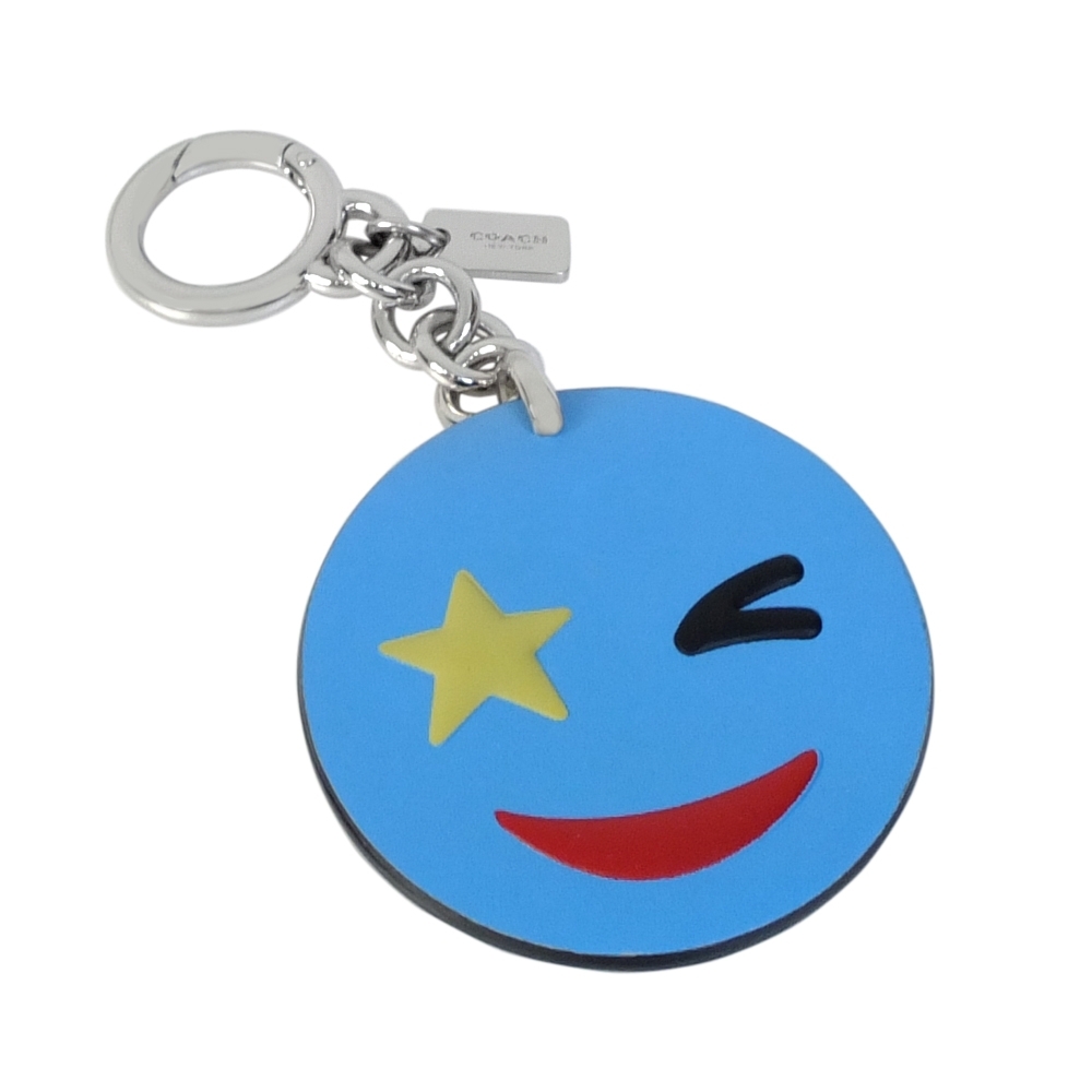 COACH藍色全皮EMOJI微笑星型眼圓形壓環鑰匙圈