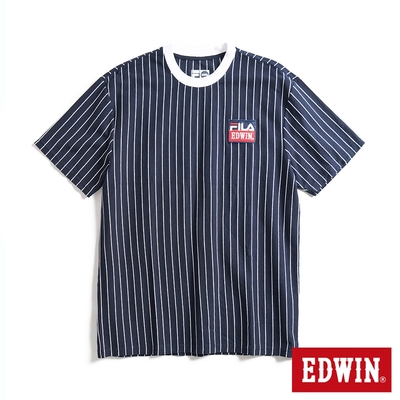 EDWIN x FILA聯名 經典主義運動休閒直條紋短袖T恤-男款-丈青色