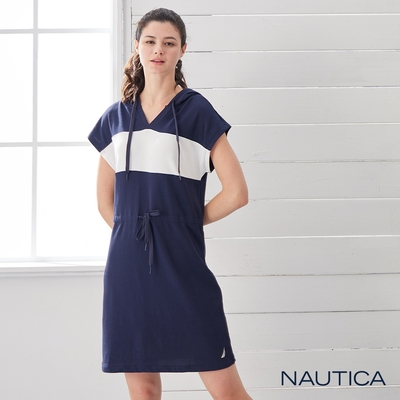 Nautica 女裝 撞色拼接連帽短袖洋裝-深藍