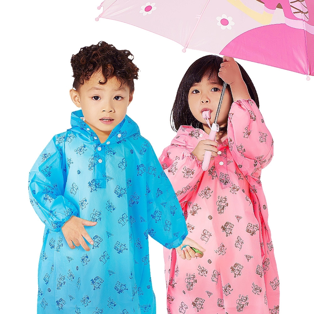 【雙龍牌】通過SGS檢測超輕量Q熊秒套可愛兒童雨衣 套式太空雨衣-果凍藍