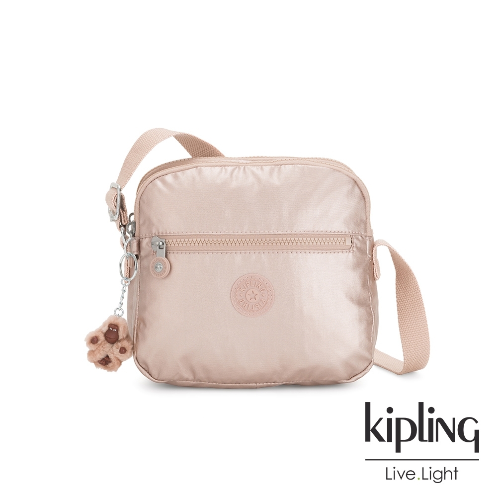 Kipling 金屬光玫瑰金多層隨身斜背包-KEEFE