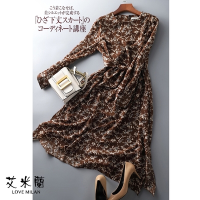 艾米蘭-時尚個性百搭氣質造型雪紡洋裝-咖底印花(M-XL)