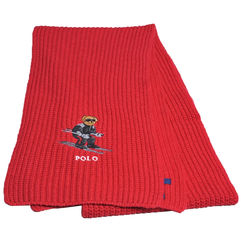 RALPH LAUREN POLO 滑雪小熊刺繡LOGO素面混羊毛圍巾(紅色系)