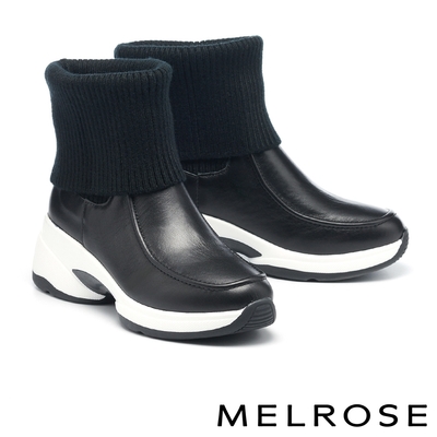 短靴 MELROSE 美樂斯 率性時髦反摺毛線布拼接牛皮厚底短靴－黑