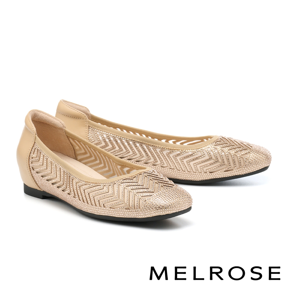 低跟鞋 MELROSE 美樂斯 華麗晶鑽網布拼接牛皮內增高方頭低跟鞋－米