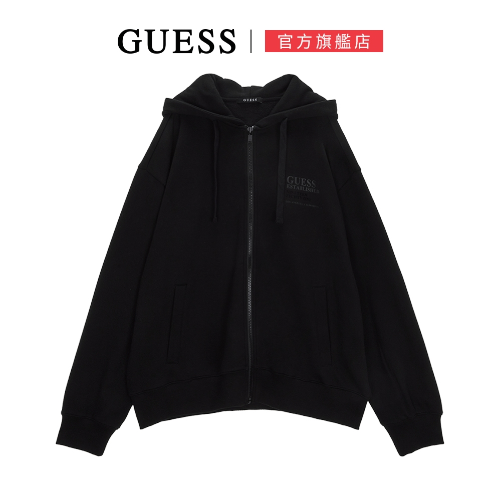 【GUESS】經典字母抽繩連帽外套-黑