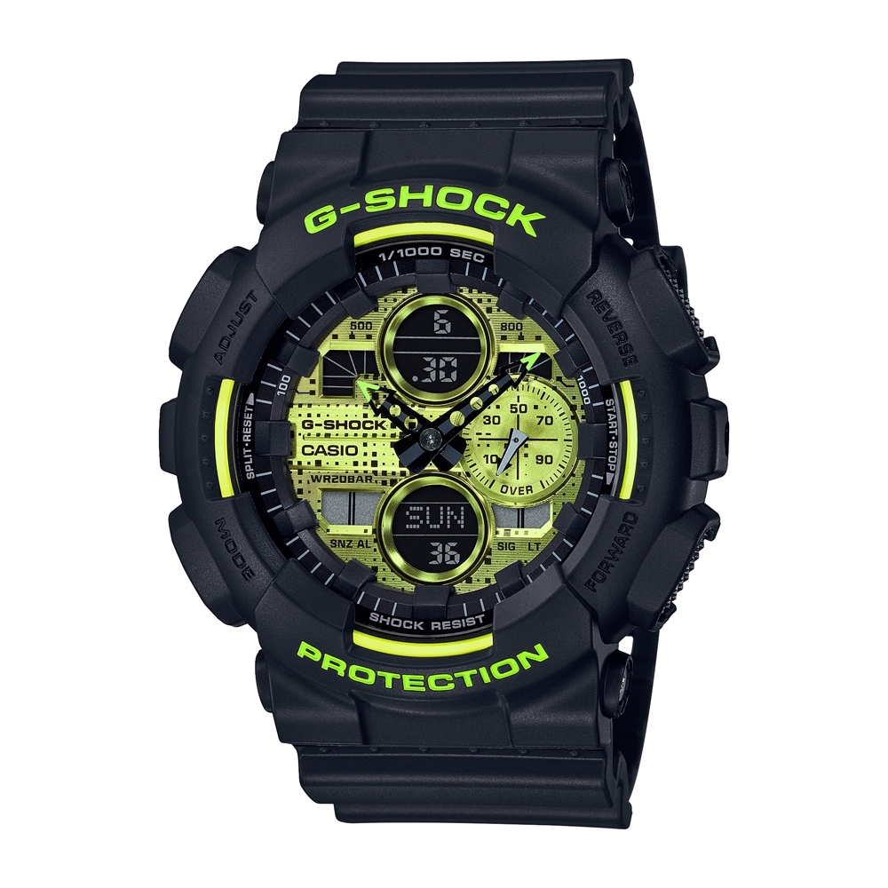 CASIO卡西歐 G-SHOCK 數位點陣迷彩 霧黑x黃綠 雙顯系列 GA-140DC-1A_51.2mm