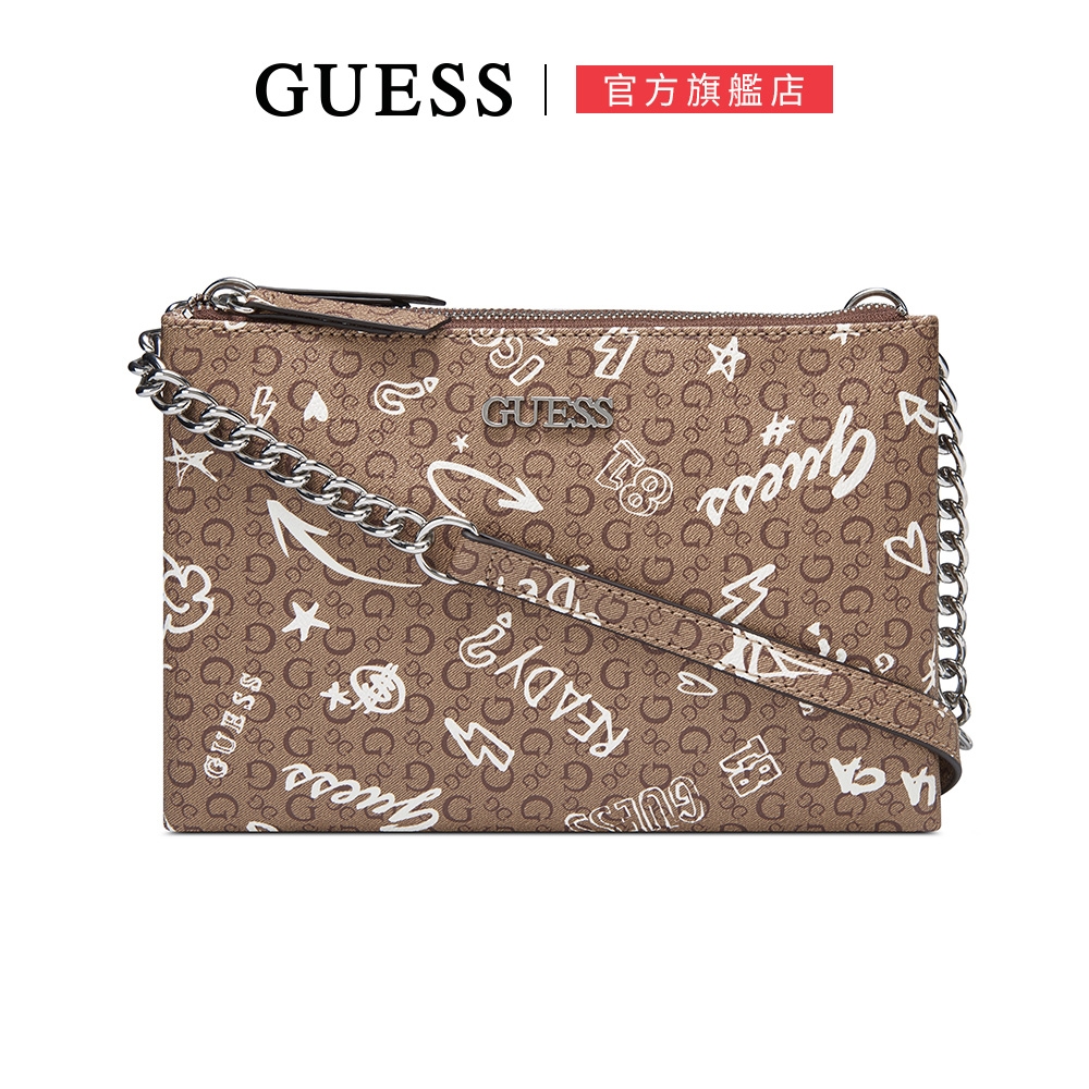 【GUESS】個性塗鴉跳色多層鍊條肩背包-咖啡