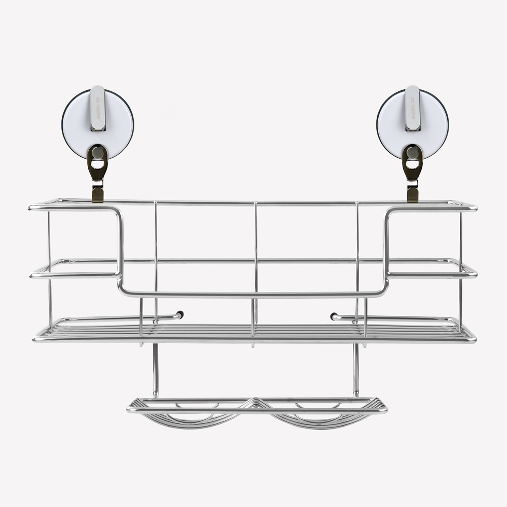 Hanlix 304不鏽鋼浴室置物架-400mm雙皂盤型 (含強力吸盤組)
