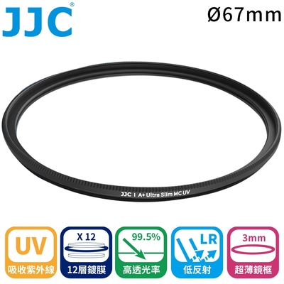 JJC不易沾塵MC-UV濾鏡67mm濾鏡67mm保護鏡F-MCUV67(3mm超薄框;12層多層膜;日本光學玻璃;透光率≧99.5%)