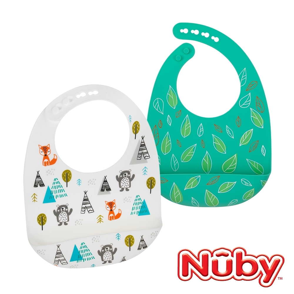 Nuby  矽膠圍兜二入組(動物森林/綠葉如茵)