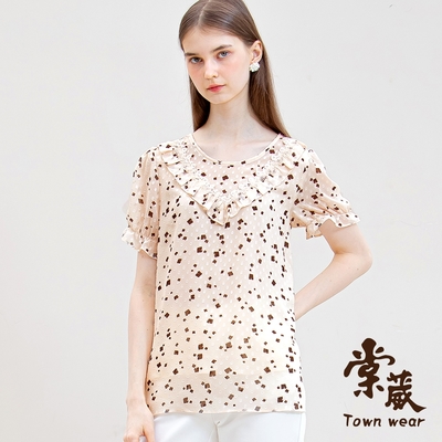 【TOWNWEAR棠葳】氣質珍珠蕾絲領印花上衣(女上衣/女上著/短袖/透膚/滿版/長版)